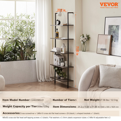 VEVOR Industrial Square Pipe Shelf 5 Tier 24x11.8in Wall-Mount for Bedroom