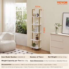 VEVOR Industrial Square Pipe Shelf 5 Tier 15.6x11.8in Wall-Mount Gold White