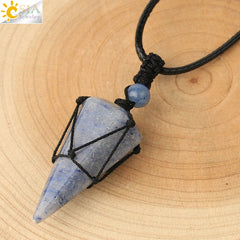 CSJA Natural Stone Cone Pendant Necklace: Crystal Quartz & Black Rope