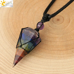 CSJA Natural Stone Cone Pendant Necklace: Crystal Quartz & Black Rope