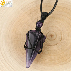 CSJA Natural Stone Cone Pendant Necklace: Crystal Quartz & Black Rope