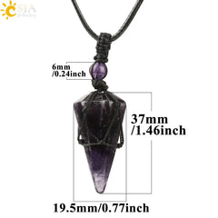 CSJA Natural Stone Cone Pendant Necklace: Crystal Quartz & Black Rope