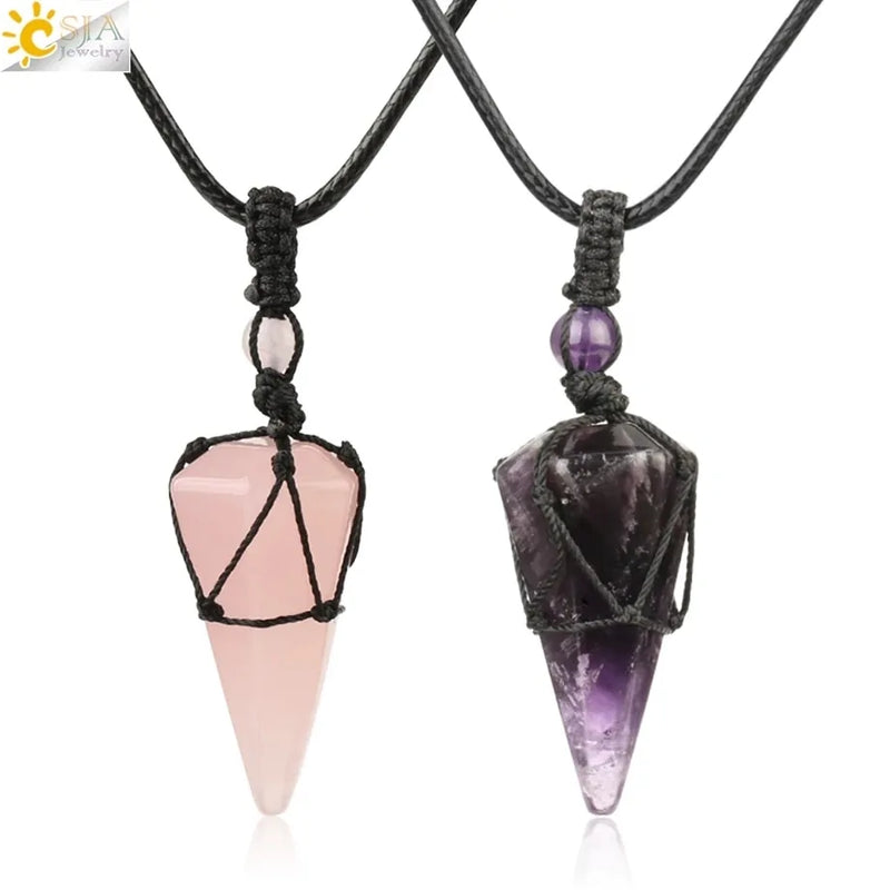 CSJA Natural Stone Cone Pendant Necklace: Crystal Quartz & Black Rope